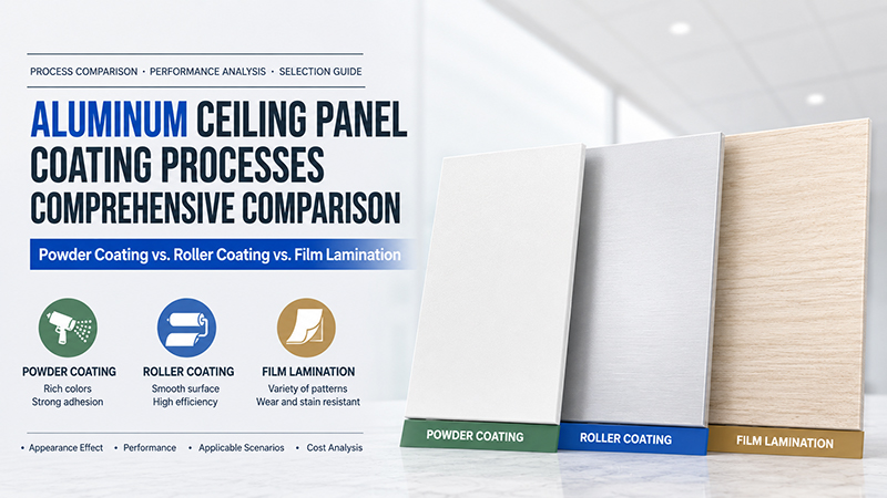 The main image of this article is about the coating process of aluminum ceiling panels.